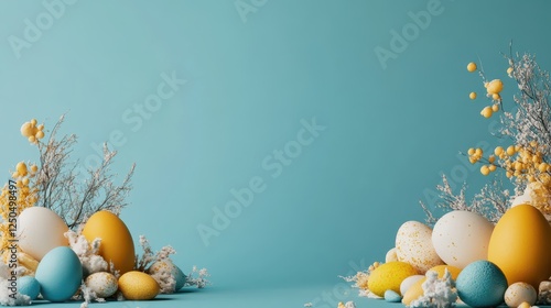 Easter eggs decorated with different colors on a blue background and space for text in the center
