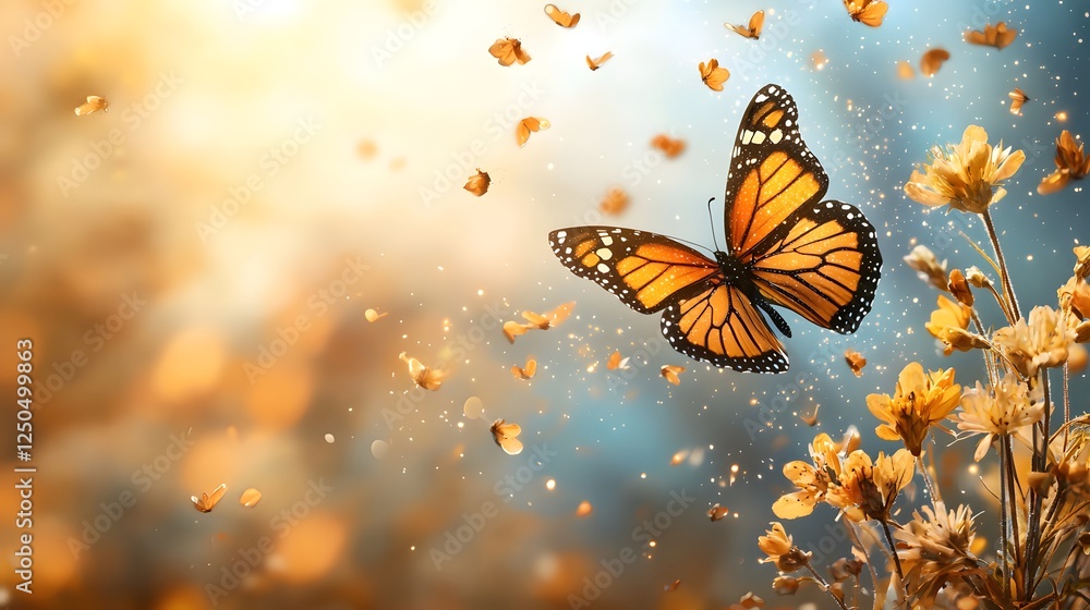 Captivating image of a beautiful orange monarch butterfly floating effortlessly amidst vibrant yellow flowers and lush greenery creating a serene and magical natural scene Captivating image of a beautiful orange monarch butterfly floating effortlessly amidst vibrant yellow flowers and lush greenery creating a serene and magical natural scene