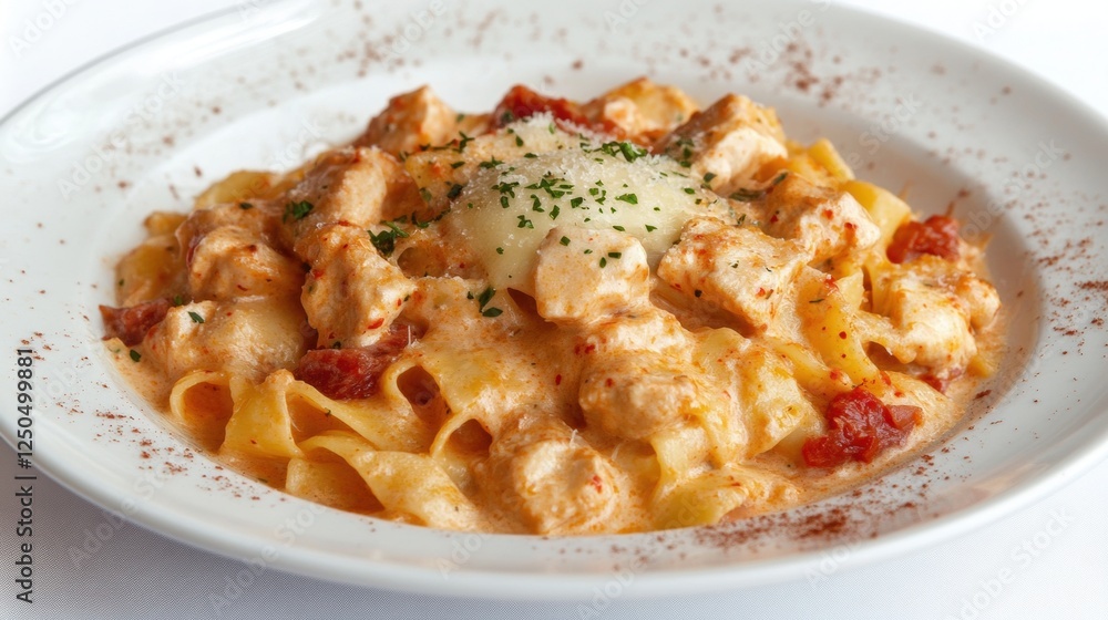 Creamy Pasta Dish with Chicken and Herbs on a White Plate Creamy Pasta Dish with Chicken and Herbs on a White Plate