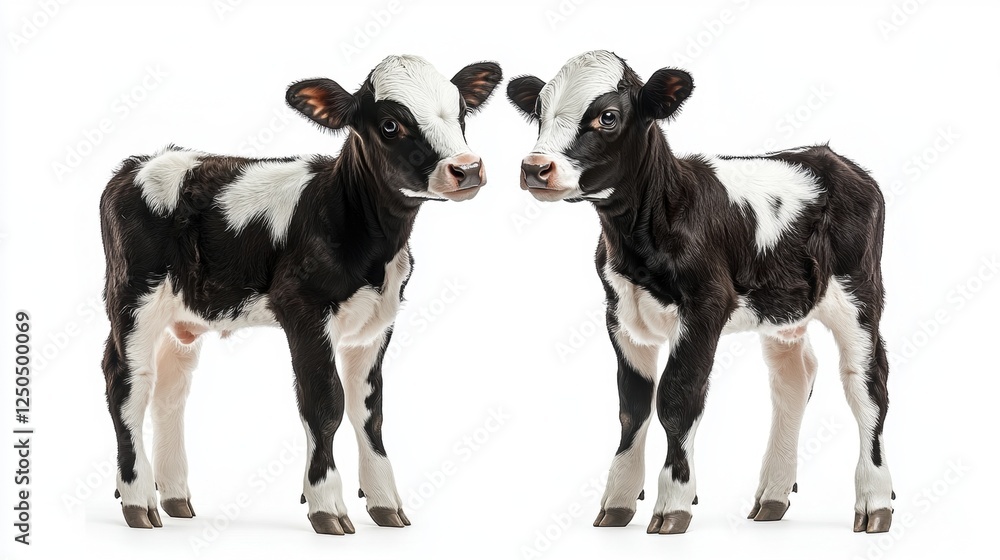 Two Playful Black and White Calves Standing Together on White Background Two Playful Black and White Calves Standing Together on White Background