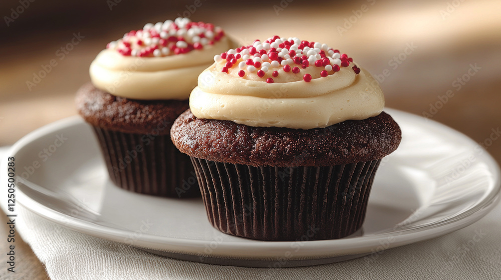 Two chocolate cupcakes with vanilla frosting and sprinkles on a white plate Two chocolate cupcakes with vanilla frosting and sprinkles on a white plate