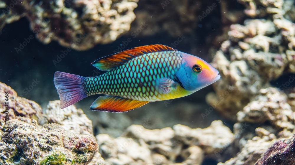 Vibrant rainbow colored fish swimming in the ocean amidst coral reefs Vibrant rainbow colored fish swimming in the ocean amidst coral reefs
