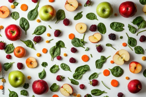 A colorful arrangement of fresh apples, mixed berries, carrots, and spinach leaves spread artistically on a white surface, creating a vibrant and healthy display.