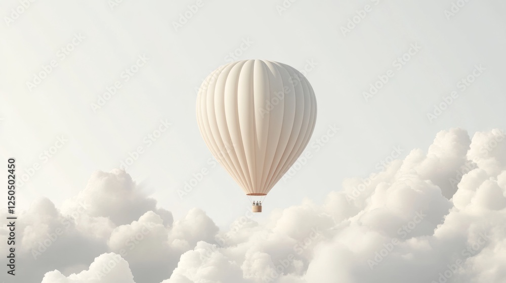 Fototapeta premium White hot air balloon floats among clouds; serene travel