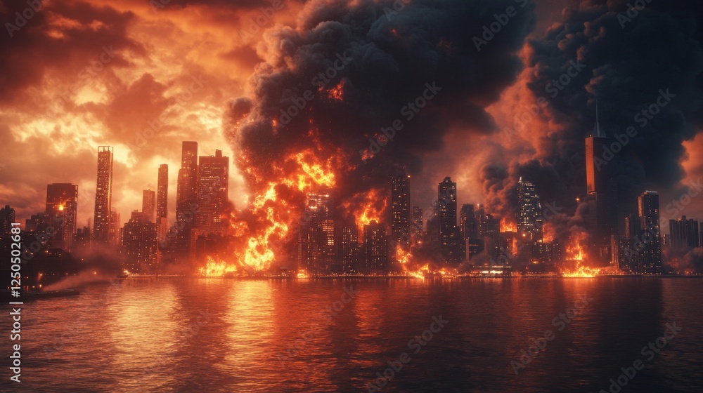 Burning Cityscape At Night With Fiery Flames Burning Cityscape At Night With Fiery Flames