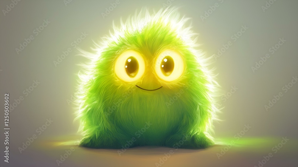 Adorable glowing green fluffy creature with large shiny eyes and a cute smile, emitting a soft magical light.
