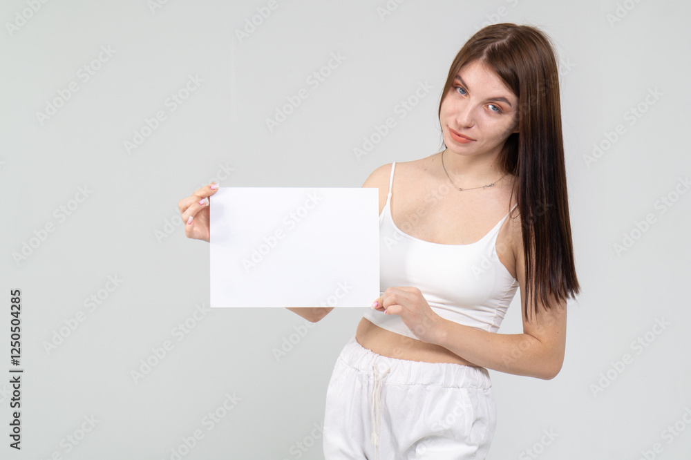 Close-up portrait of young brunette with empty A4 sheet of paper on a white background. Copyspace Close-up portrait of young brunette with empty A4 sheet of paper on a white background. Copyspace