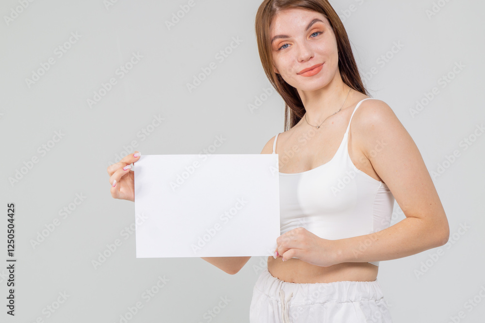 Pretty young brunette standing with a A4 empty paper sheet on a white background. Copyspace Pretty young brunette standing with a A4 empty paper sheet on a white background. Copyspace