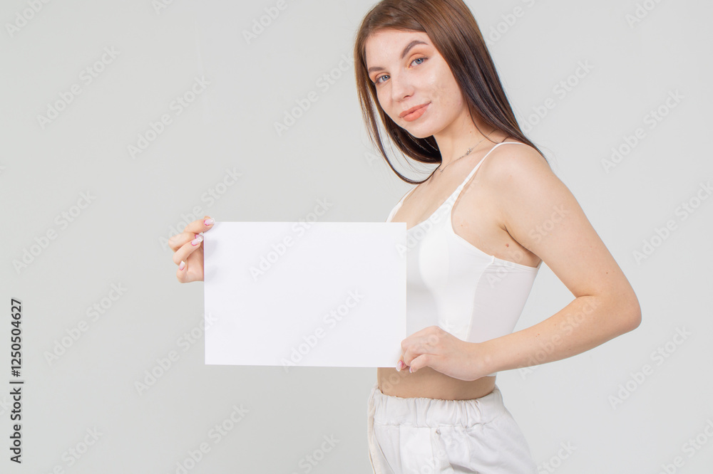 Close-up portrait of young brunette with empty A4 sheet of paper on a white background. Copyspace Close-up portrait of young brunette with empty A4 sheet of paper on a white background. Copyspace
