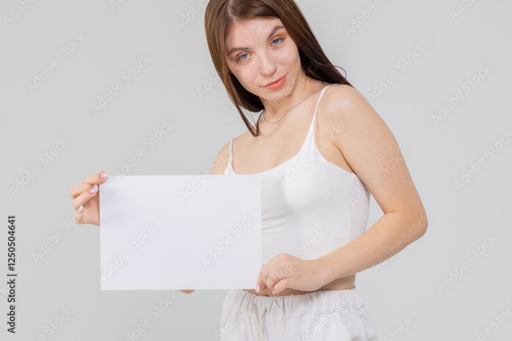 Close-up portrait of young brunette with empty A4 sheet of paper on a white background. Copyspace Close-up portrait of young brunette with empty A4 sheet of paper on a white background. Copyspace