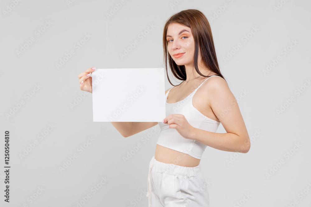 Close-up portrait of young brunette with empty A4 sheet of paper on a white background. Copyspace Close-up portrait of young brunette with empty A4 sheet of paper on a white background. Copyspace