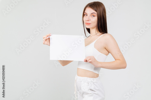 Close-up portrait of young brunette with empty A4 sheet of paper on a white background. Copyspace photo