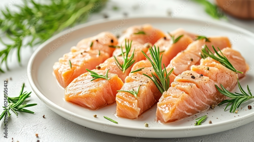 Salmon Fillet with Rosemary: Fresh salmon fillets, seasoned with rosemary and peppercorns, rest on a plate, ready for cooking. A healthy and delicious meal option. Salmon Fillet with Rosemary: Fresh salmon fillets, seasoned with rosemary and peppercorns, rest on a plate, ready for cooking. A healthy and delicious meal option.