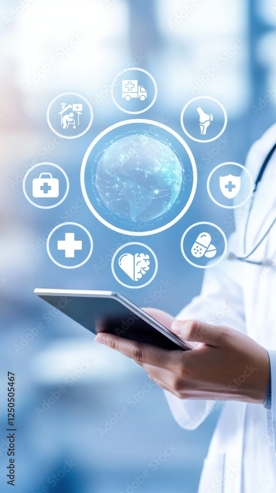 Professional holds tablet with floating medical icons above, digital healthcare network and first healthcare insurance in advanced healthcare technology Professional holds tablet with floating medical icons above, digital healthcare network and first healthcare insurance in advanced healthcare technology