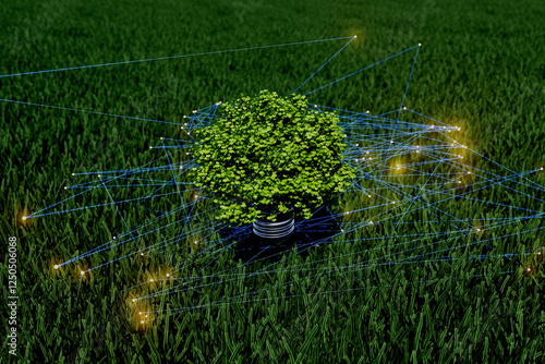 A small green tree is surrounded by a web of lines