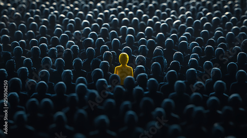 A yellow figure stands out among the blue figures, representing the concept of being different and unique in an audience or crowd. The background is a dark gray to emphasize the subject. High-quality 