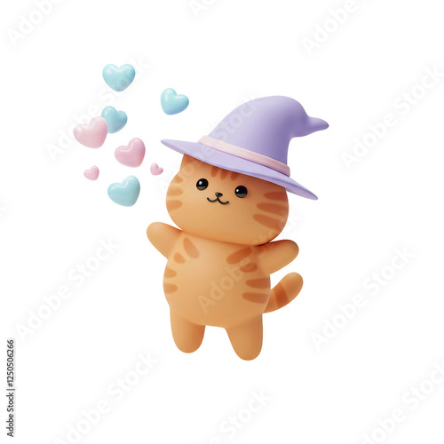 Cute cat flying hearts, wearing a pastel purple magic hat.