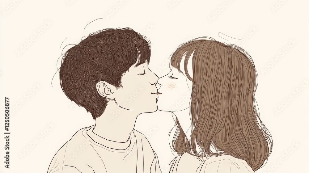 Young couple kissing, romantic illustration, minimalist style, light background, for greeting cards Young couple kissing, romantic illustration, minimalist style, light background, for greeting cards