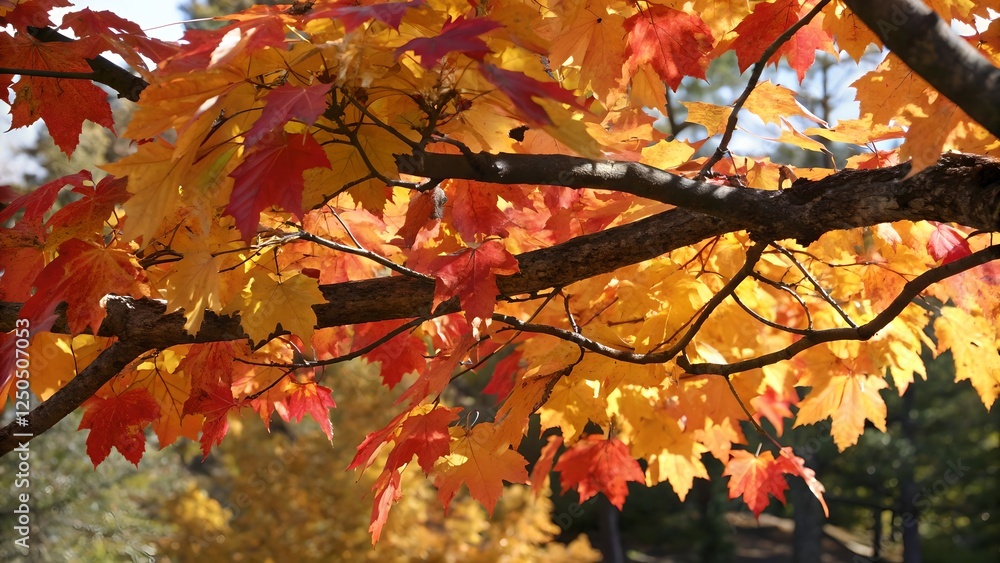 Autumn Maple Leaves Branch in Vibrant Red and Gold Hues Autumn Maple Leaves Branch in Vibrant Red and Gold Hues