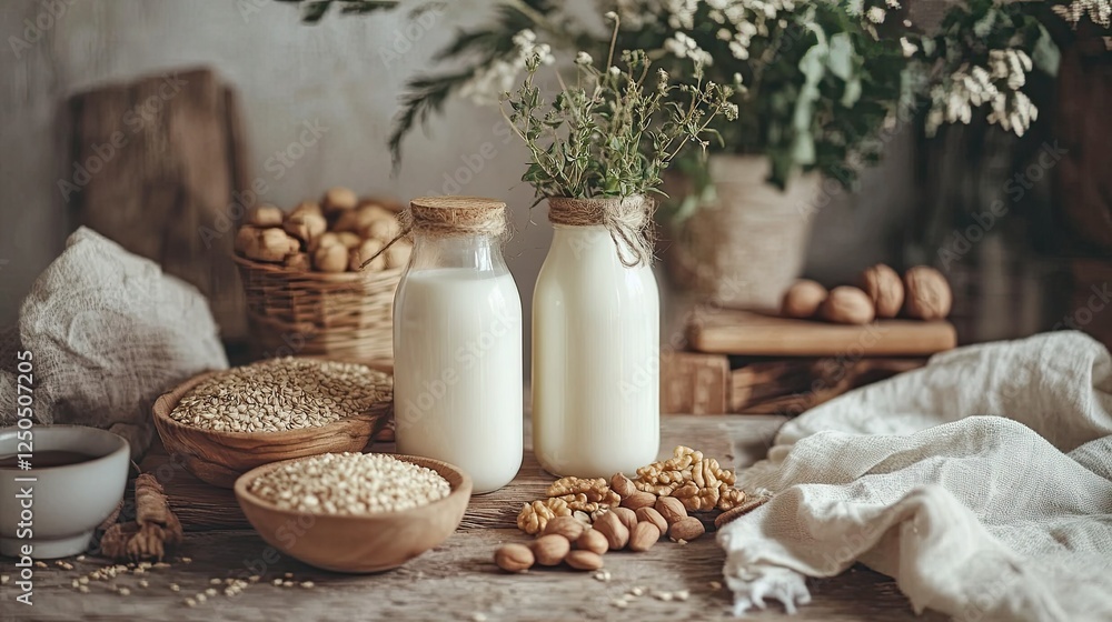 A cozy, natural setup featuring milk bottles, whole grains, nuts, and sprigs of fresh herbs for a wholesome vibe. A cozy, natural setup featuring milk bottles, whole grains, nuts, and sprigs of fresh herbs for a wholesome vibe.
