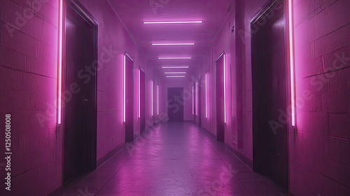 Pink neon hallway  doors  interior  night  futuristic atmosphere  stock photo