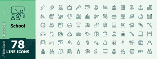 School icon set. Related to book, class, knowledge, back, science, college and more. Minimal icon. Editable vector stroke.