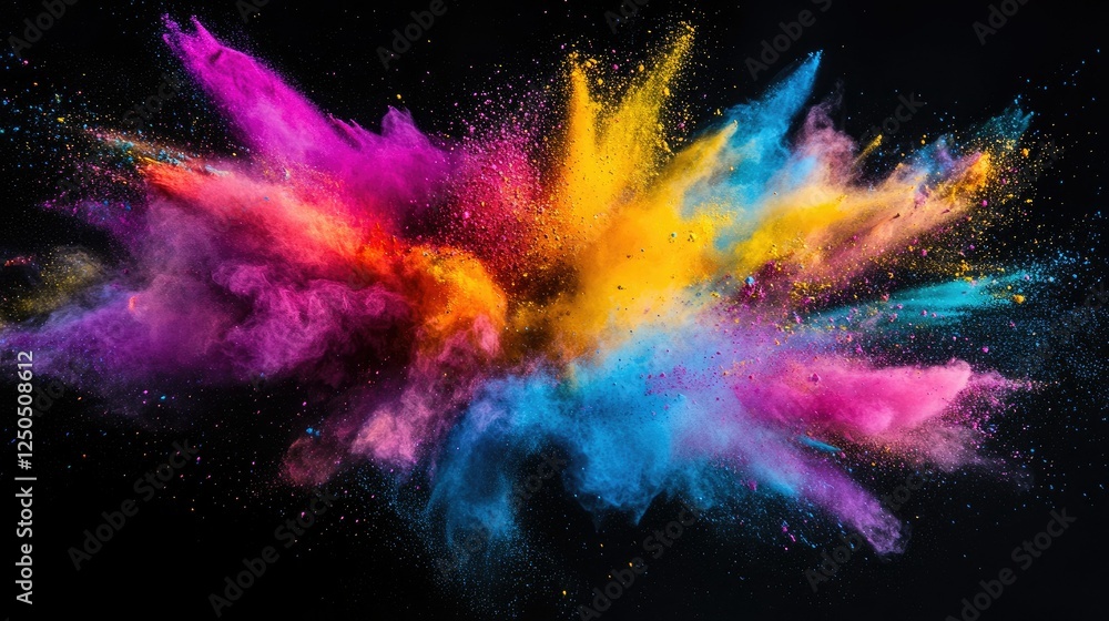 A festive explosion of bright Holi colors against a black background, symbolizing creativity and celebration. A festive explosion of bright Holi colors against a black background, symbolizing creativity and celebration.