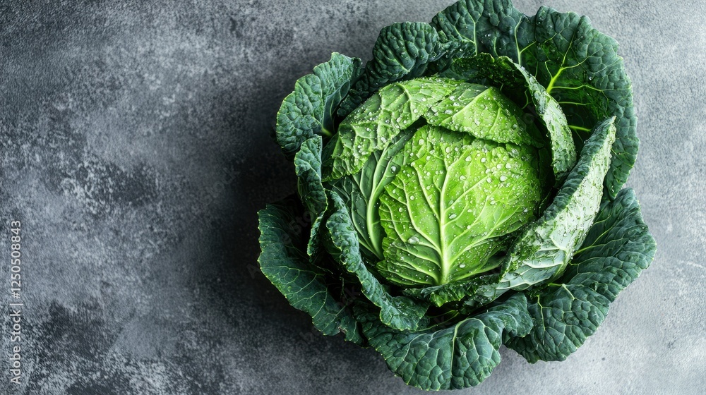 Fototapeta premium A fresh cabbage head with layered, dewy leaves, placed on a neutral background for a clean aesthetic.