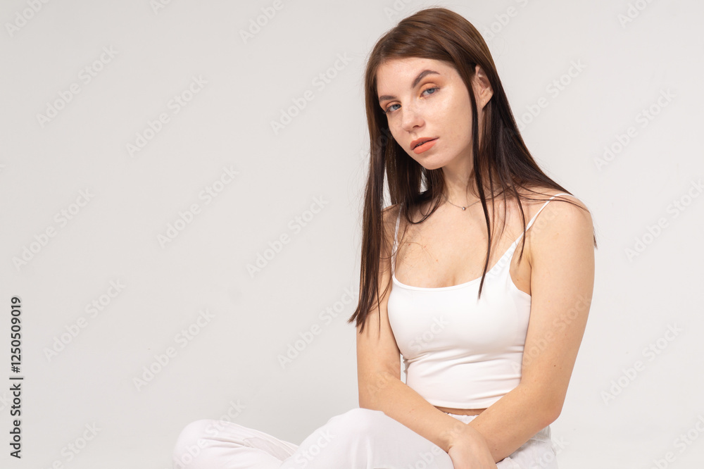 Young brunette sitting on a white background. Copyspace Young brunette sitting on a white background. Copyspace