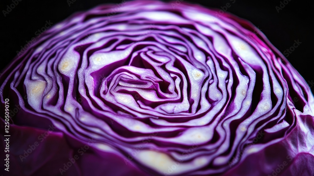 Obraz premium A freshly sliced red cabbage, displaying its beautifully intricate layers and deep violet hue.