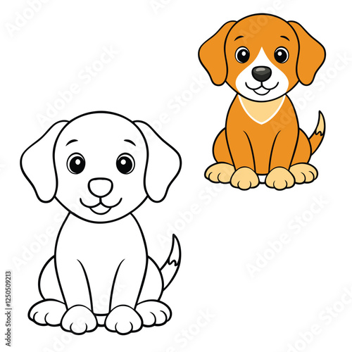 Adorable puppy-sitting coloring page featuring a cute, fluffy puppy sitting happily with big, bright eyes and floppy ears, ready to be filled with vibrant colors.