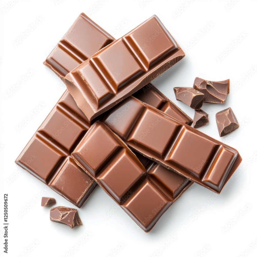 Delicious Milk Chocolate Bars Stacked with Broken Pieces on a Clean White Background Delicious Milk Chocolate Bars Stacked with Broken Pieces on a Clean White Background