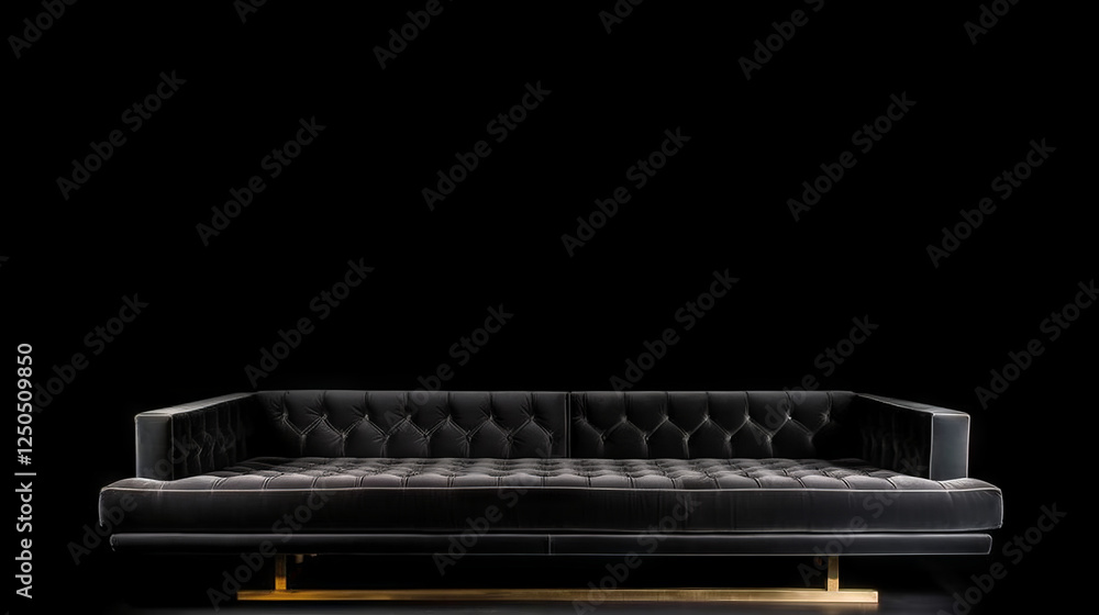 A luxurious charcoal black velvet sofa with tufted backrest and brass legs, set against a plain black background for a sleek and timeless aesthetic. A luxurious charcoal black velvet sofa with tufted backrest and brass legs, set against a plain black background for a sleek and timeless aesthetic.
