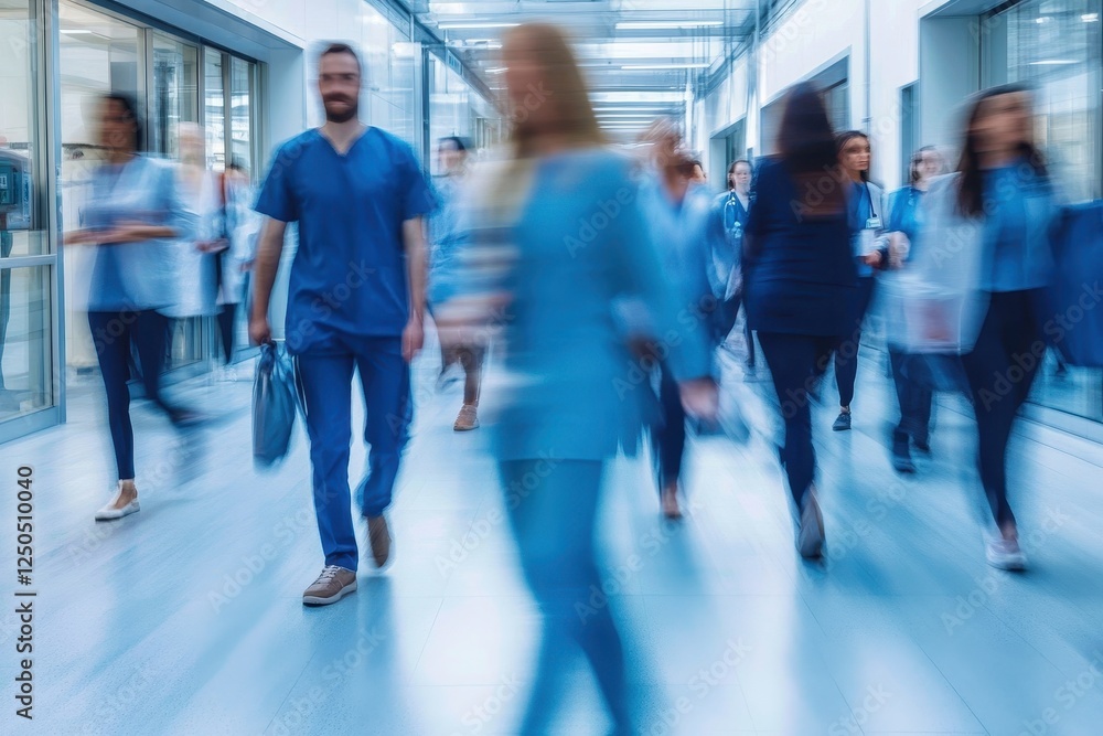 Busy hospital hallway with blurred medical staff. Busy hospital hallway with blurred medical staff.
