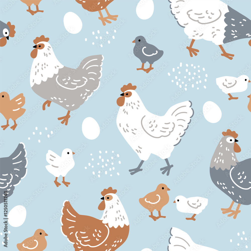 Seamless vector pattern with hens, chicks and eggs. Hand drawn Easter illustration with chickens. Perfect for textile, wallpaper or nursery print design. EPS10 vector file. Seamless vector pattern with hens, chicks and eggs. Hand drawn Easter illustration with chickens. Perfect for textile, wallpaper or nursery print design. EPS10 vector file.