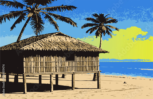 sea side traditional house illustration coconut tree silhouette landscape