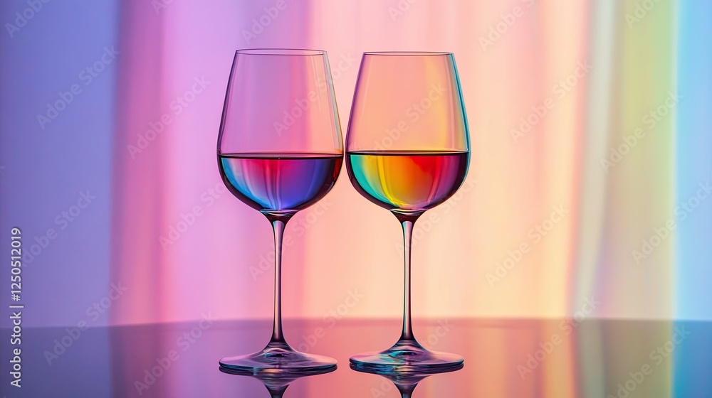 A modern arrangement of two wine glasses, their liquid reflecting a spectrum of hues against a minimal backdrop. A modern arrangement of two wine glasses, their liquid reflecting a spectrum of hues against a minimal backdrop.
