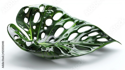 A tropical monstera leaf with characteristic holes and glossy deep green color, isolated on white. The realistic lighting and surface details enhance depth.