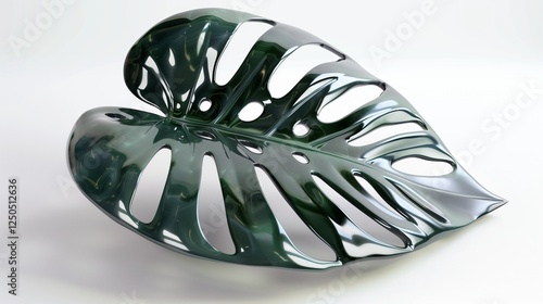 A tropical monstera leaf with characteristic holes and glossy deep green color, isolated on white. The realistic lighting and surface details enhance depth.