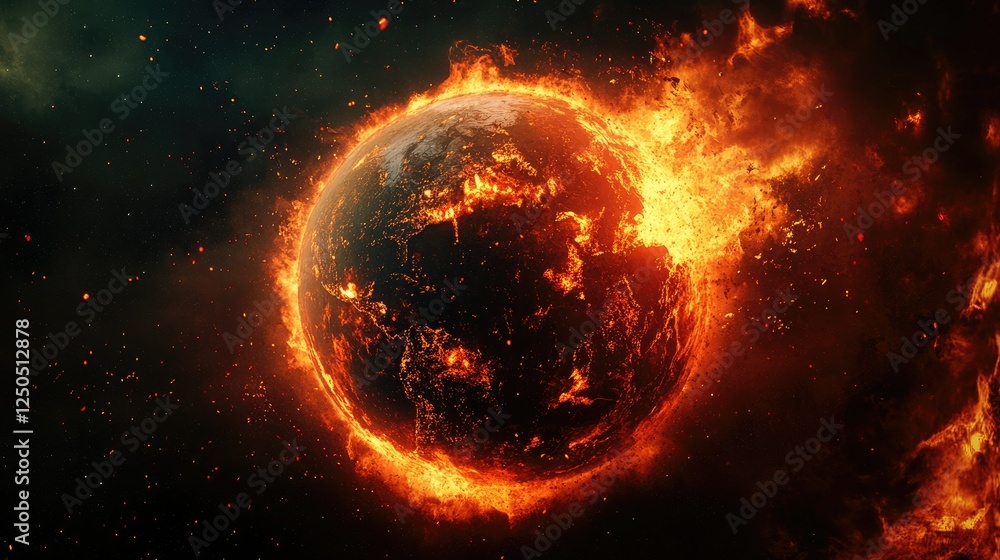 A planet on the verge of collapse, glowing with fiery red fractures and surrounded by flames, symbolizing global warming. A planet on the verge of collapse, glowing with fiery red fractures and surrounded by flames, symbolizing global warming.