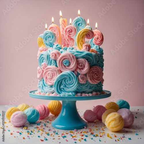 A carnival cotton candy-themed birthday cake with pastel swirls, fluffy sugar decorations, and playful candles, centered on a bright white background.