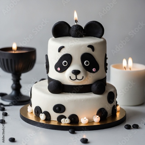 A cute panda-themed birthday cake with black-and-white fondant details, adorable panda face decorations, and softly flickering candles, displayed on white.