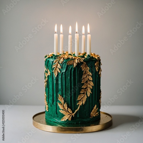 A luxurious emerald-green birthday cake with gold leaf detailing, velvet-textured frosting, and elegant candles, fully visible on white.