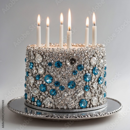 A sparkling diamond-themed birthday cake with edible gems, a sleek metallic finish, and luxurious tall candles, perfectly displayed on a pure white background.