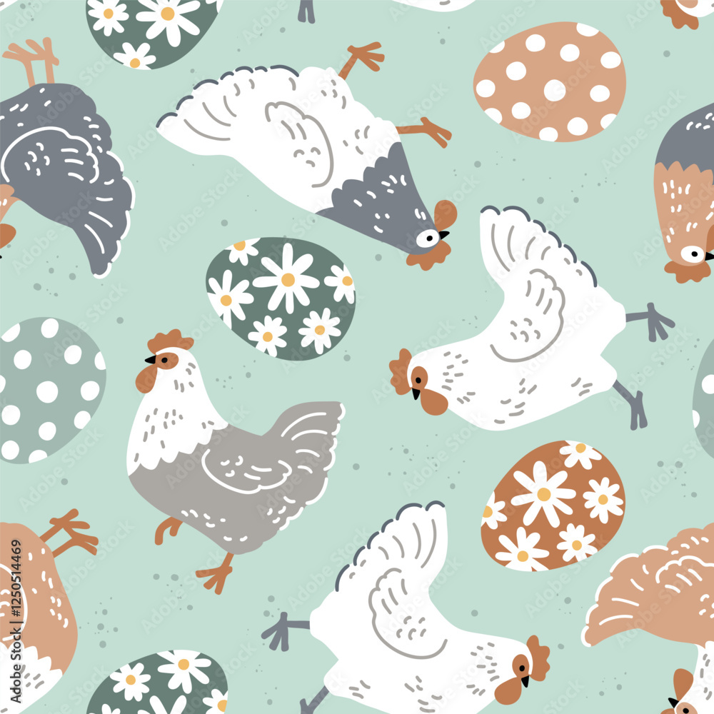 Fototapeta premium Seamless vector pattern with hens and Easter eggs. Hand drawn illustration with cute chickens. Perfect for textile, wallpaper or nursery print design. EPS10 vector file.