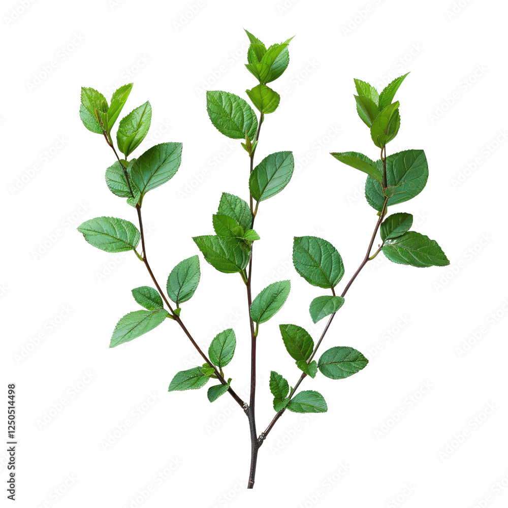Fototapeta premium fresh green leaves with branch isolated on transparent background, piece of plant