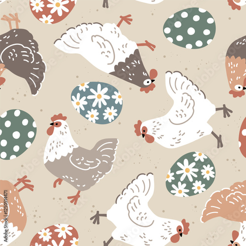 Seamless vector pattern with hens and Easter eggs. Hand drawn illustration with cute chickens. Perfect for textile, wallpaper or nursery print design. EPS10 vector file.