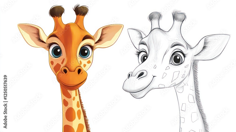 Naklejka premium Cute Cartoon Giraffe Featuring Colorful and Outlined Versions