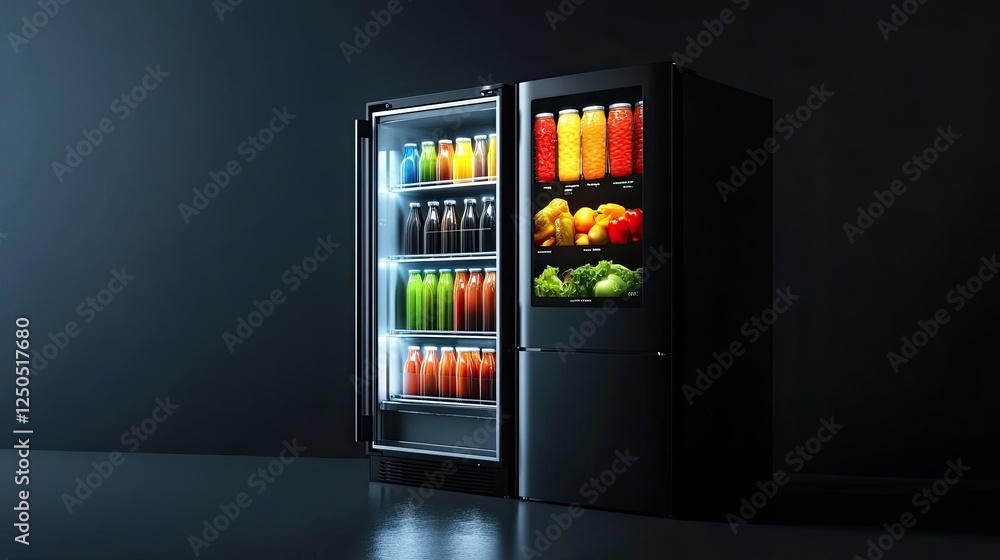 Smart Refrigerator Showcasing Fresh Juices and Produce with Digital Display