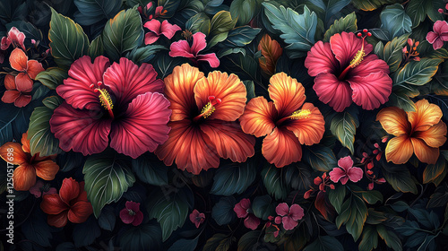 Wallpaper Mural Tropical hibiscus flowers blooming in lush foliage, ideal for backgrounds Torontodigital.ca